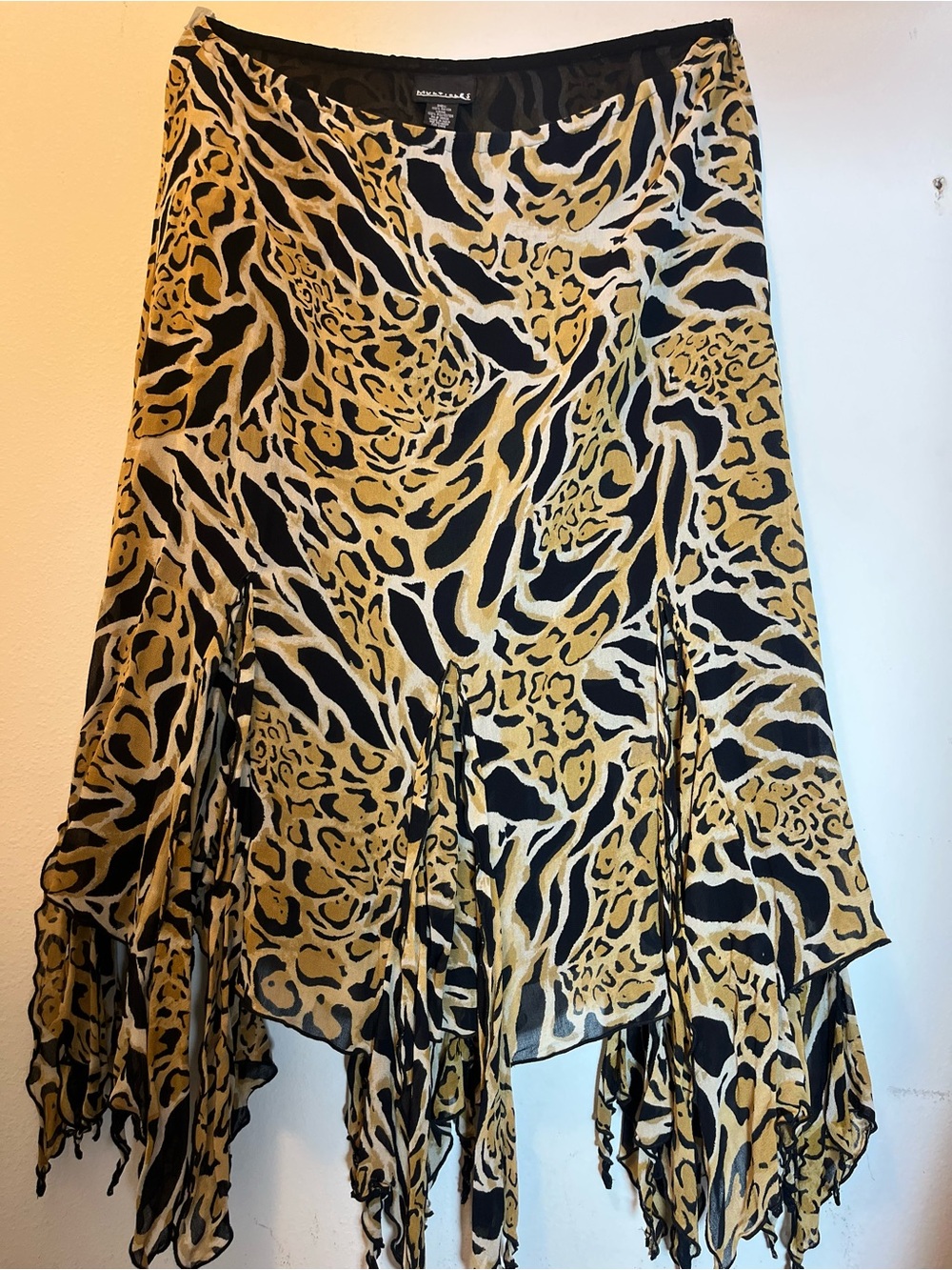Vintage Multiples Y2K Abstract Animal Print Hanky Hem Midi Skirt